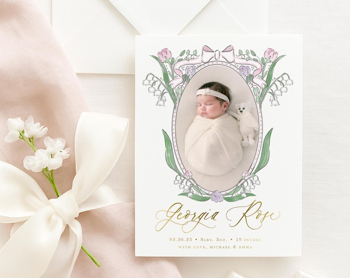 Pink Floral Birth Announcement, Monogram Baby Girl Announcement