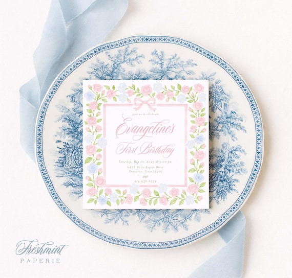 Watercolor Floral Birthday Invitation: Pastel Pink & Blue (Printable Invite)