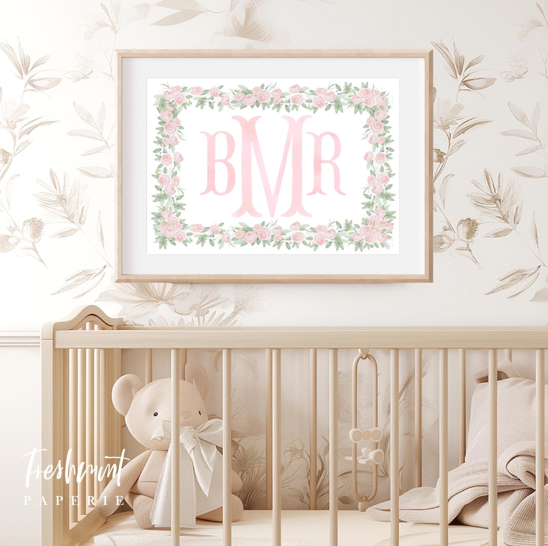 Watercolor Monogram Floral Nursery Wall Art, Nursery Name Print ...