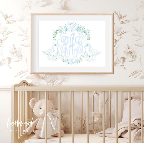 Nursery wall art, Monogram Nursery Wall Art, Nursery name print, Blue Toile wall art, Custom nursery wall art, Blue Bow, Duck, Toile