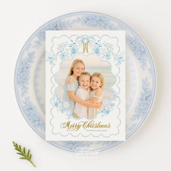 Blue floral Holiday Cards, Christmas card, Photo Christmas cards, Photo holiday cards, Pretty Holiday Cards, Monogram, Wreath