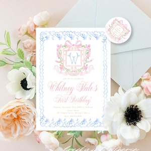 Pagoda Birthday Invitation, Toile Invitation, Chinoiserie Invitation, Pink Pagoda invitation, Monogram, Crest, Gingham
