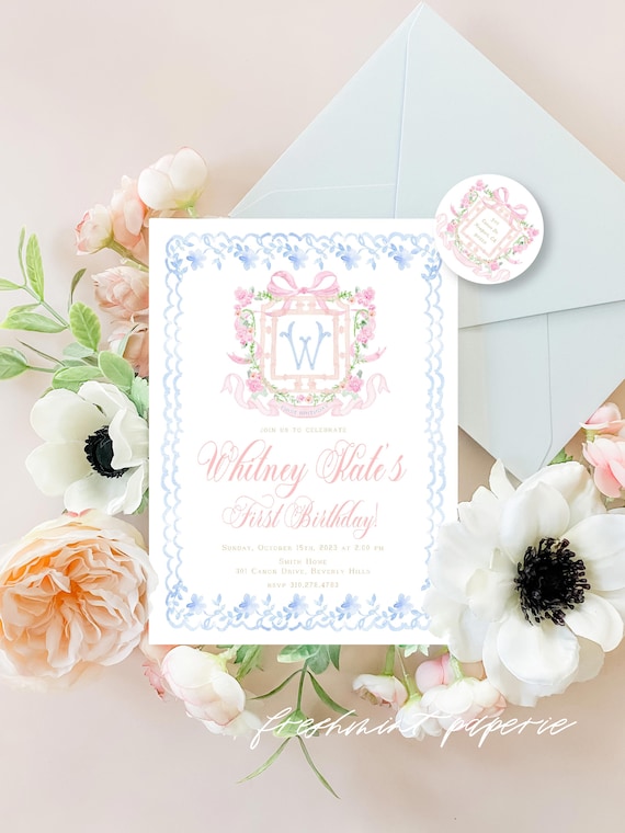 Pagoda Birthday Invitation, Toile Invitation, Chinoiserie Invitation, Pink Pagoda invitation, Monogram, Crest, Gingham