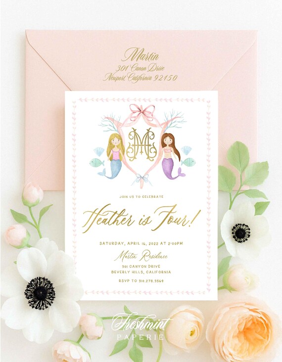 Mermaid invitation, Pretty mermaid invitation, Watercolor mermaids, Monogram invitation, Mermaid Birthday Party invitation, Mermaid Crest