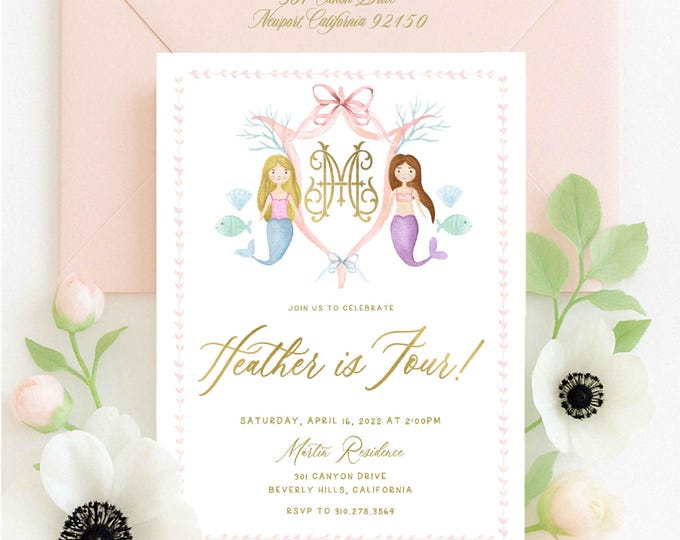 Mermaid invitation, Pretty mermaid invitation, Watercolor mermaids, Monogram invitation, Mermaid Birthday Party invitation, Mermaid Crest