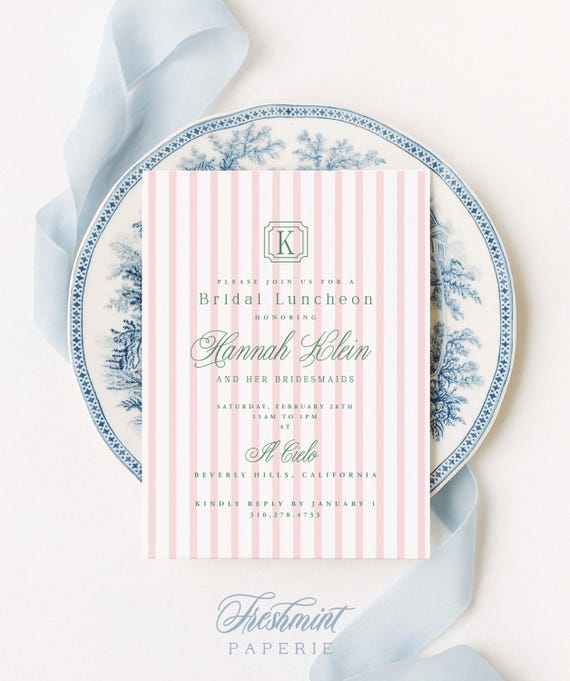 Pink Stripes Bridal Luncheon Invitation: Personalized Monogram, Preppy