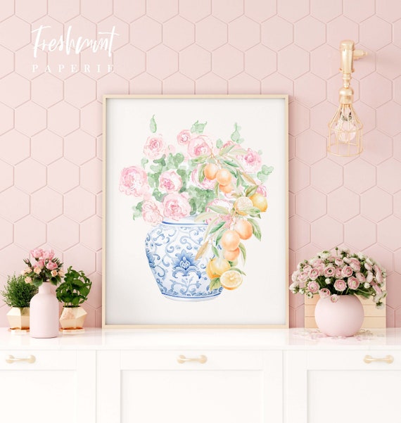 Ginger Jar wall art, Chinoiserie, Peony, Lemon, Ginger Jar art, Floral Ginger Jar, Wall art, Watercolor