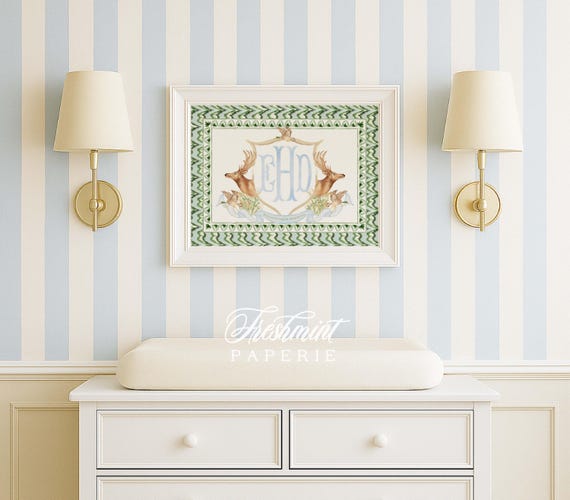 Deer Monogram Crest Print, Mallard Duck, Baby Boy Nursery Art