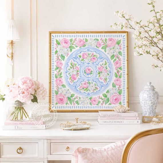 Watercolor Medallion Wall Art, Monogram, Grandmillennial, Floral, Chinoiserie Plate, Ginger Jar