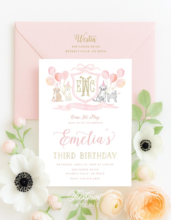 Watercolor Puppy Crest Invitations  - Puppy invitation - Puppy Birthday Invitation - Puppy Party - Puppy Love - Dog invitation - First Bday