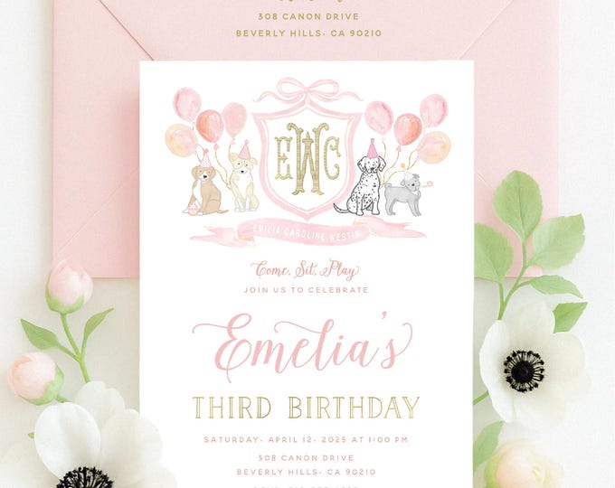 Watercolor Puppy Crest Invitations  - Puppy invitation - Puppy Birthday Invitation - Puppy Party - Puppy Love - Dog invitation - First Bday