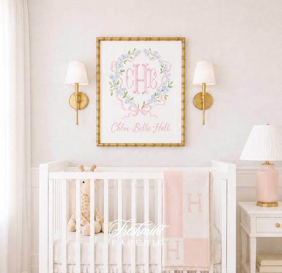 Watercolor Floral Monogram Nursery Print, Custom Baby Name Wall Art