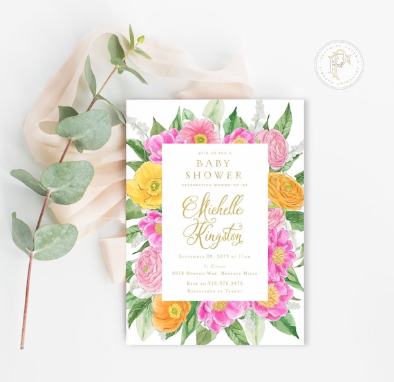 Poppy floral invitation - Baby shower invitation - Pink floral baby shower invitation - Poppy invitations - Peony Invitation