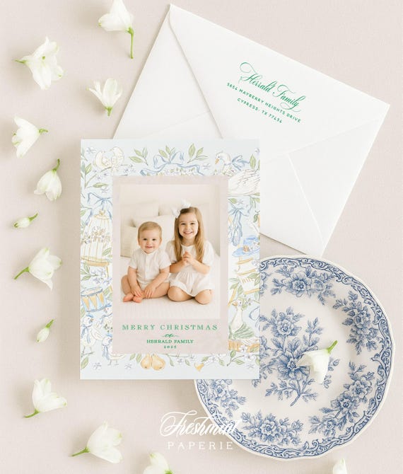 Christmas Photo Cards, Holiday card, Watercolor Holiday cards, Pretty Holiday Cards, Gingham, Watercolor Wreath, Pink Bow