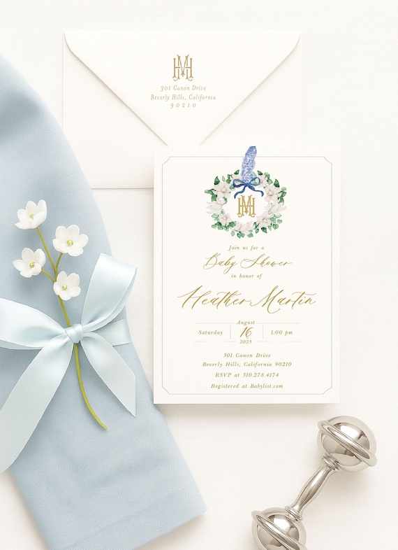 Monogram Baby Shower Invitation, Magnolia baby shower invitation, wreath ribbon invitation, Chinoiserie baby shower invitation
