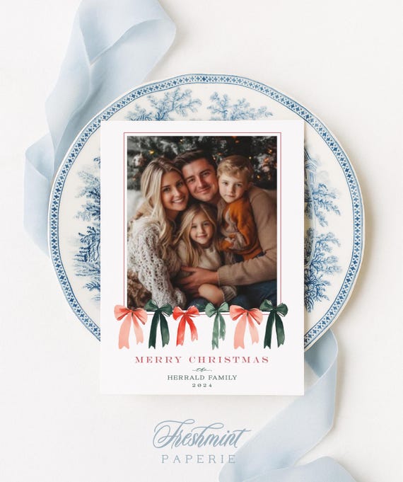 Plaid Bow Photo Christmas Cards, Custom Family Holiday Cards