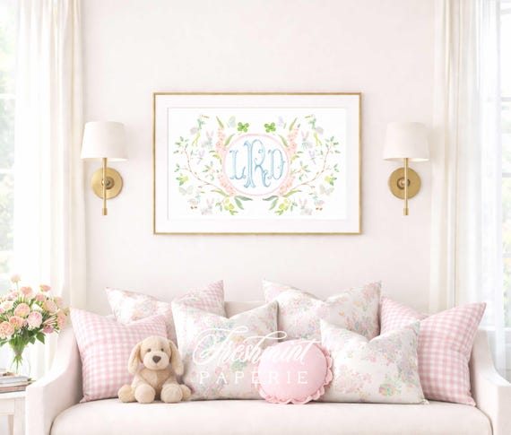 Monogram Nursery Print, Watercolor Floral, Chinoiserie, Whimsical