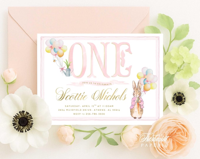 Pink Bunny invitation | Bunny Birthday Invitation | Easter Invitation | Easter Bunny Invite | BIG ONE bunny Invite