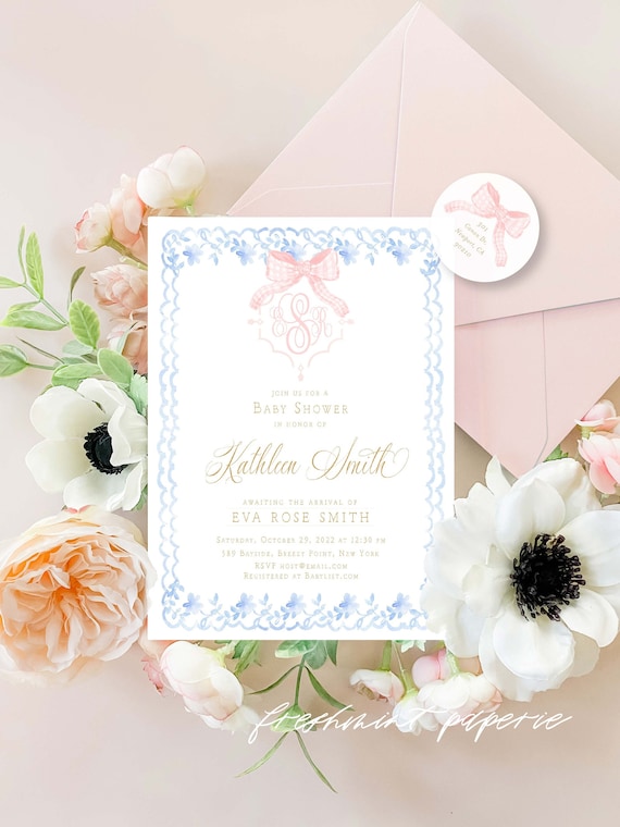 Gingham Pink Ribbon invitation, Chinoiserie invitation, Monogram invitation, It's a Girl Invitation, Watercolor Gingham invitation