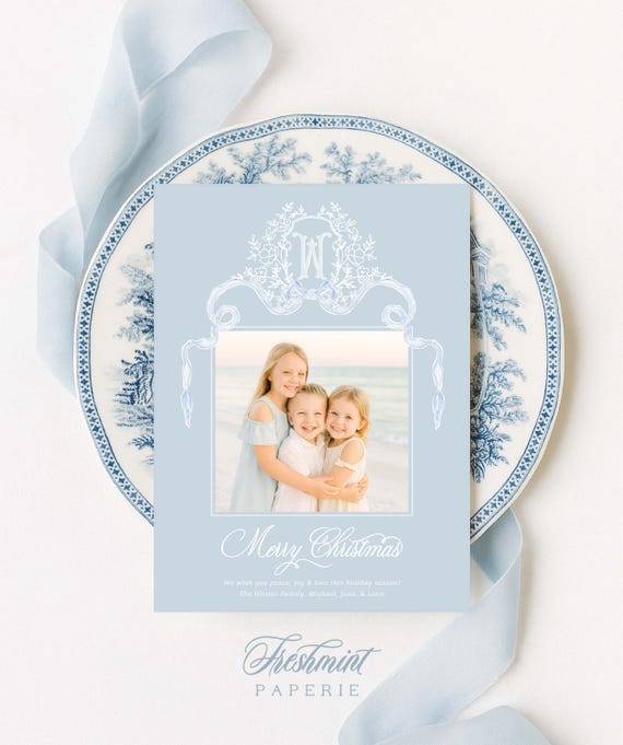 Blue Classic Monogram Photo Holiday Card: Custom Christmas Card