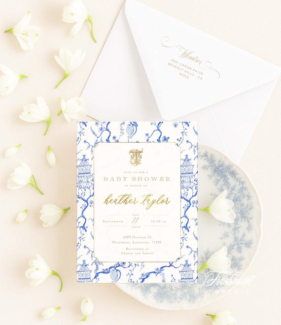 Chinoiserie invitation: Monogram, Ginger Jar, Baby Shower, Toile, Granmillennial