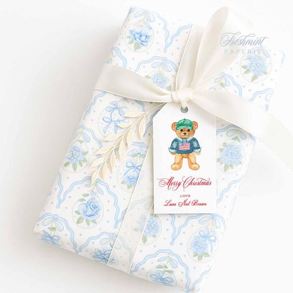 Personalized Teddy Bear Christmas Gift Tags, Watercolor Holiday Cards