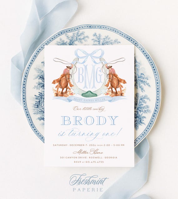 Cowboy Birthday Invitation, Rodeo, Watercolor, Monogram, Horse