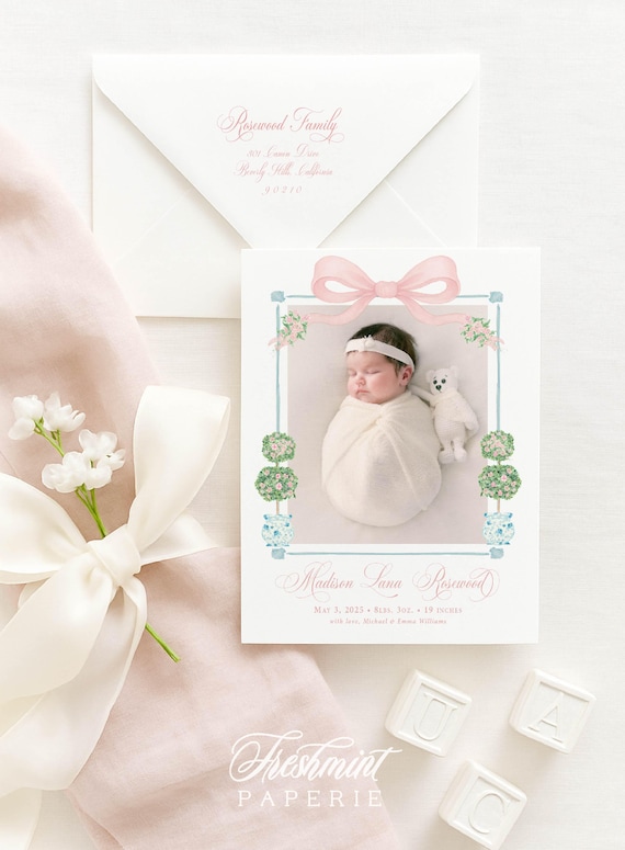 Watercolor Crest Floral Birth Announcement, Watercolor Baby Announcement, Birth Announcement, Floral Crest Birth Announcement, Welcome Baby