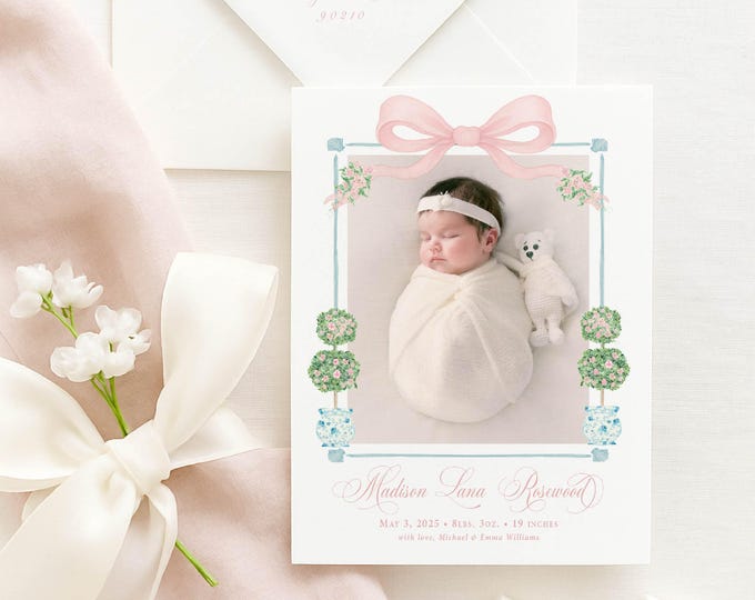 Watercolor Floral Crest Baby Announcement, Topiary, Pink Bow
