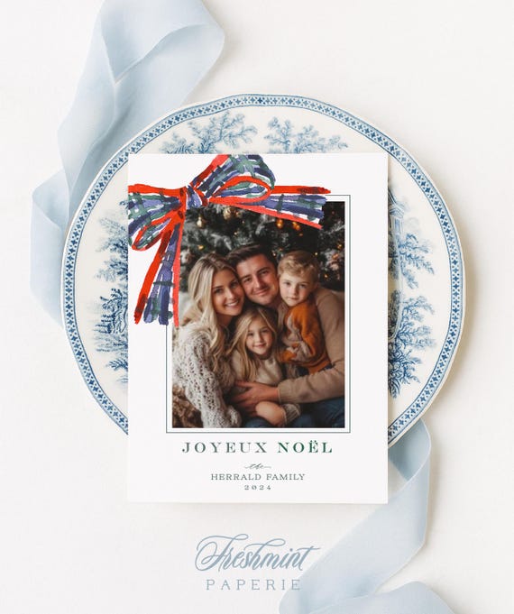 Plaid Ribbon Photo Holiday Card, Custom Christmas Cards