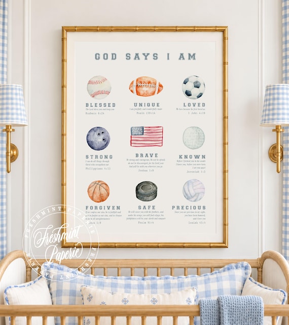 God Says I Am Nursery Print: Watercolor Bible Verse Art, Sports