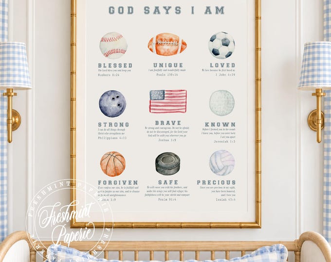 God Says I Am Nursery Print: Watercolor Bible Verse Art, Sports