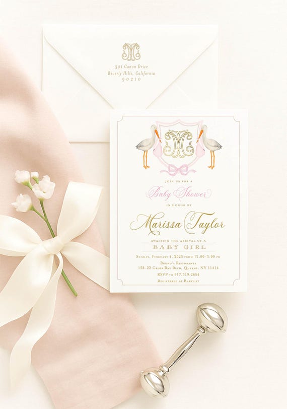 Watercolor Stork Invitations, Stork Invitation, Baby Shower Invitation, Baby Girl Shower, Pink Stork, Grandmillennial, Monogram, Crest