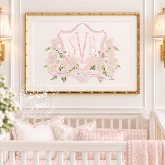 Watercolor Hydrangea Monogram Nursery Print, Custom Wall Art, Crest