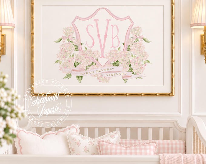 Watercolor Hydrangea Monogram Nursery Print, Custom Wall Art, Crest
