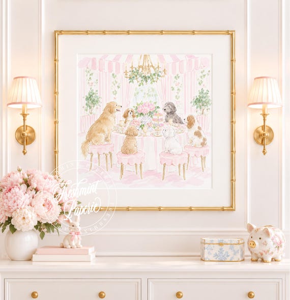 Nursery Wall Art, Puppy Party, Pink Stripes, Grandmillennial, Chinoiserie