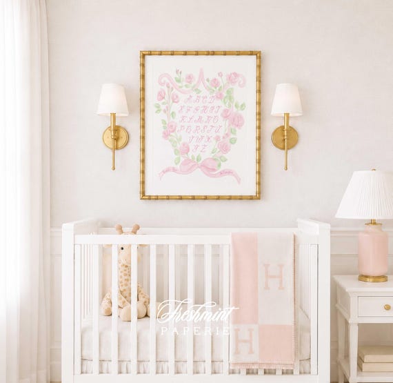 Pink Bow Alphabet Nursery Print, Watercolor, Custom Name Wall Art, Floral Crest