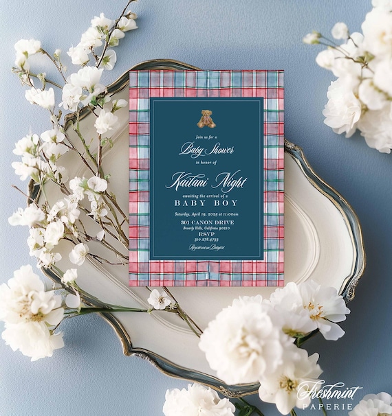 Classic Plaid Baby Shower Invitation, Teddy Bear Invitation, Polo, Navy, Green, Tartan Invitation, Bear invitation, Classic Bear Invitation