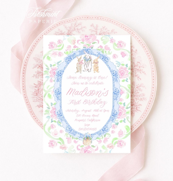 Pink Bunny Birthday Invitation: Watercolor Floral, Gingham, Grandmillennial, Pink Bow, Easter