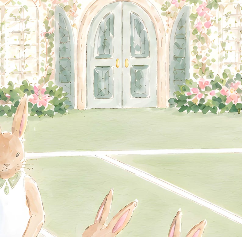Puede incluir: Una ilustraci&oacute;n en acuarela que muestra tres conejos marrones en un jard&iacute;n. Al fondo, una puerta doble arqueada de color azul claro est&aacute; enmarcada por plantas trepadoras con flores rosas y hojas verdes, sobre un c&eacute;sped verde claro.