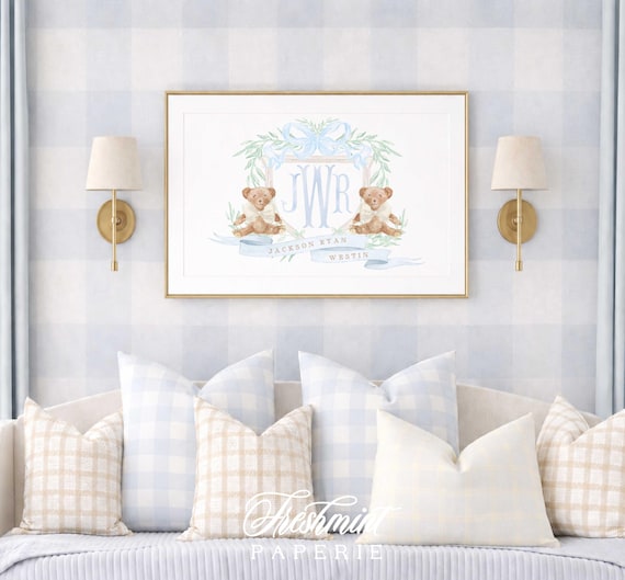 Teddy Bear Nursery Print, Custom Monogram Crest, Wall art