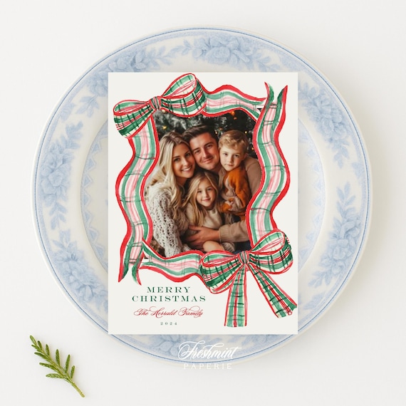 Plaid Ribbon Photo Christmas Cards: Custom Holiday Card Set