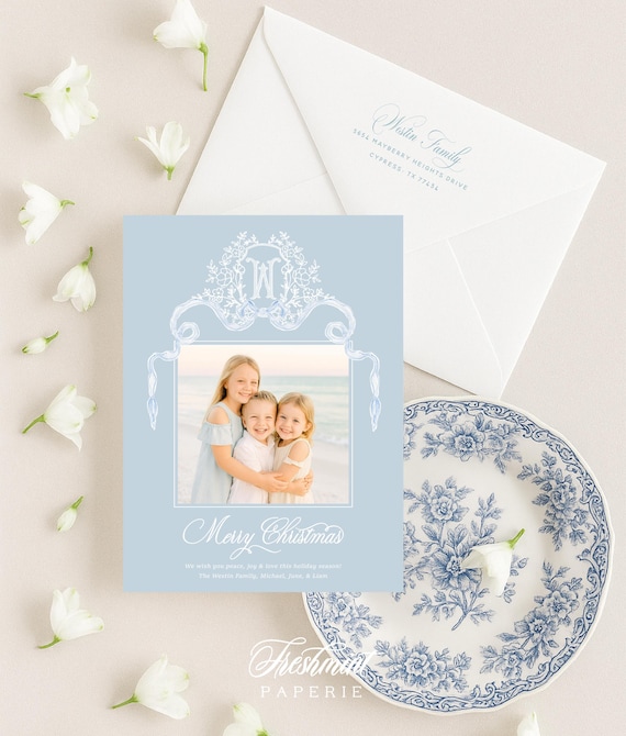 Blue Gingham Bow Holiday Card, Christmas card, Photo Christmas cards, Photo holiday cards, Pretty Holiday Cards, Gingham