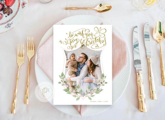 Custom Photo Christmas Cards, Pretty Pink Floral