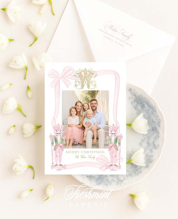 Pink Nutcracker Photo Christmas Cards, Wreath Monogram