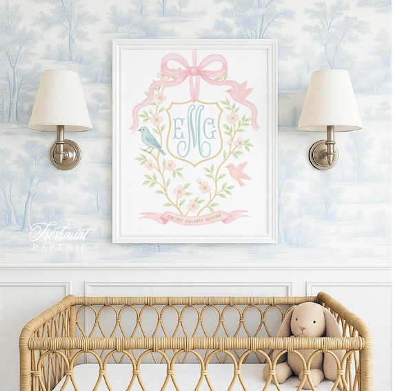 Watercolor monogram Floral nursery Wall Art, Nursery name print, Monogram Nursery, Custom nursery wall art, Cherry Blossom