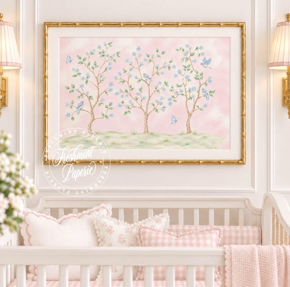 Chinoiserie wall art, Watercolor, Grandmillennial, Floral, Cherry Blossom, Grandmillennial