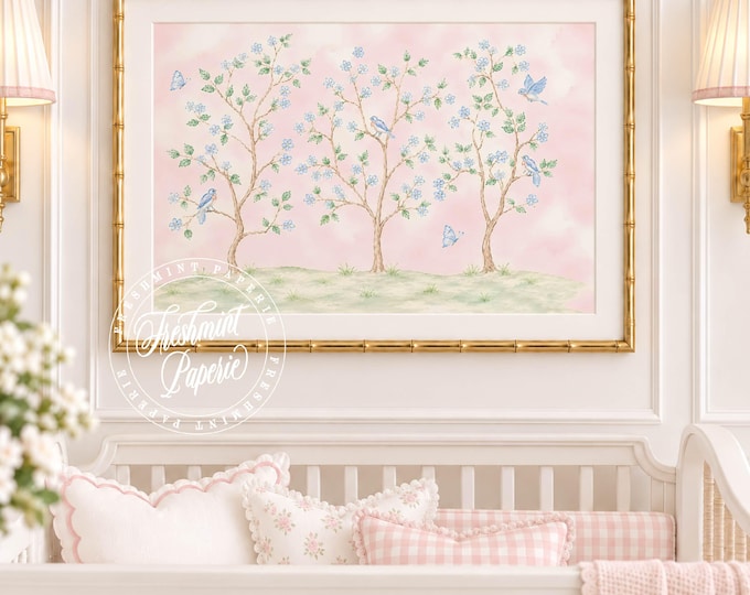 Chinoiserie wall art, Watercolor, Grandmillennial, Floral, Cherry Blossom, Grandmillennial