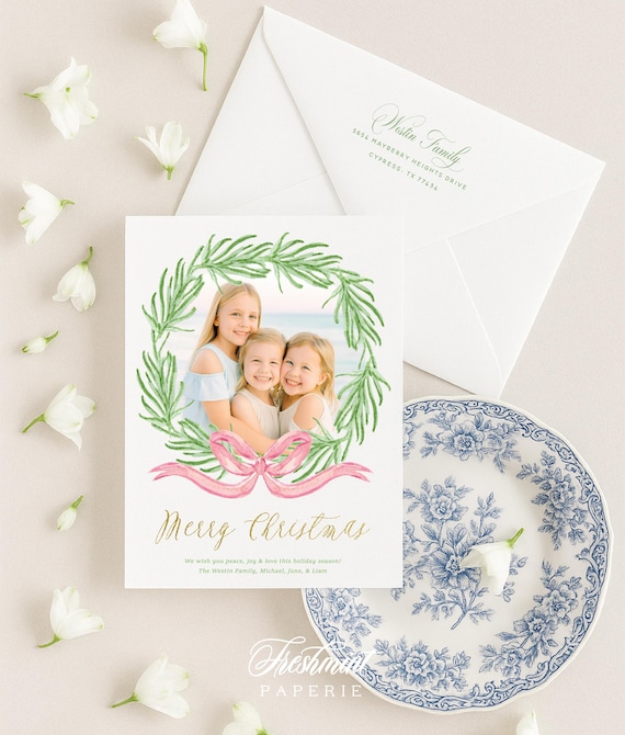 Christmas Photo Cards, Holiday card, Watercolor Holiday cards, Pretty Holiday Cards, Gingham, Watercolor Wreath, Pink Bow