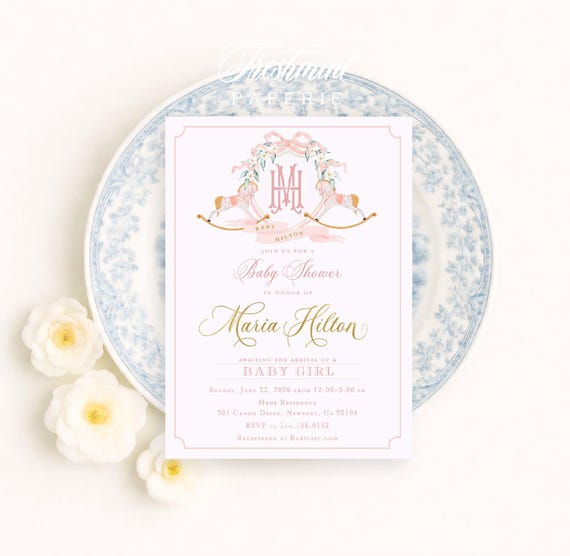 Rocking Horse Baby Shower Invitation, Watercolor, Monogram, Crest, Grandmillennial